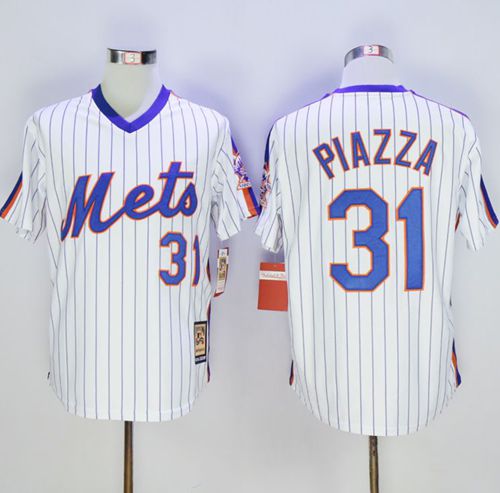 Mitchell And Ness Mets #31 Mike Piazza White(Blue Strip) Throwback Stitched MLB Jersey - Click Image to Close